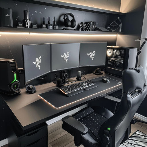Sleek black home office setup with backlit LED monitors and mechanical keyboard