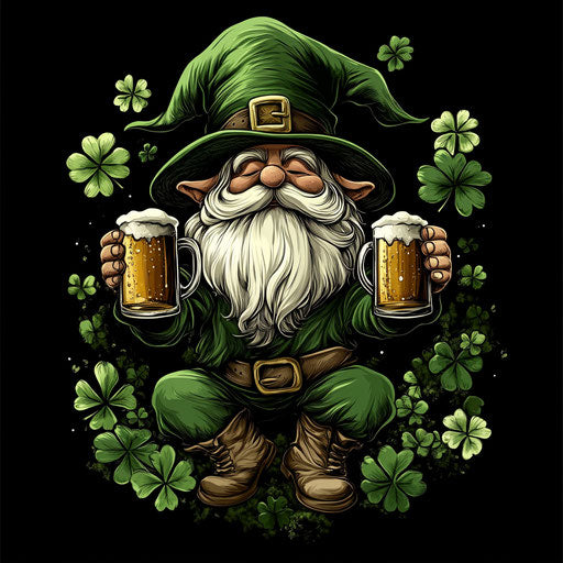 St. Patrick's Day gnome with hat and beer on black background