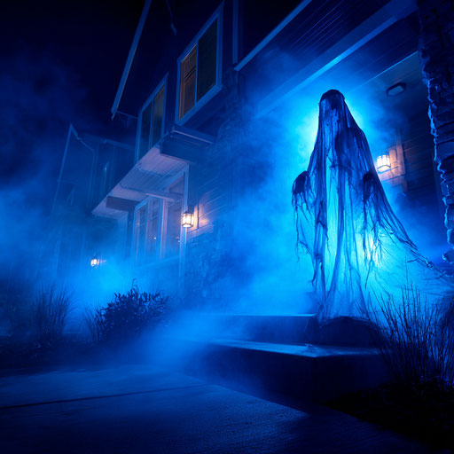 Ghostly Halloween Decoration by a House at Night