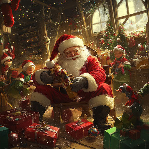Santa's workshop filled with toys and gifts