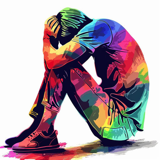 Hyper-realistic depression clipart on flat white background, vibrant colors and high detail