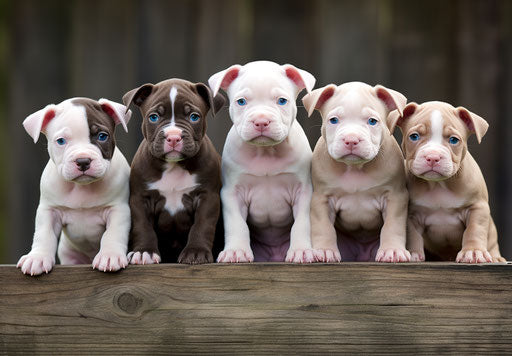 Pitbull and Chihuahua puppies in blue and gray, distinctive noses