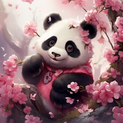 Panda bear with pink flowers on branches, animated gif style