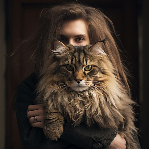 Norwegian forest cat being held by its owner