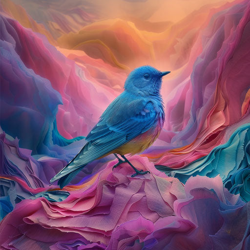 Bluebird in a surreal landscape with vivid colors