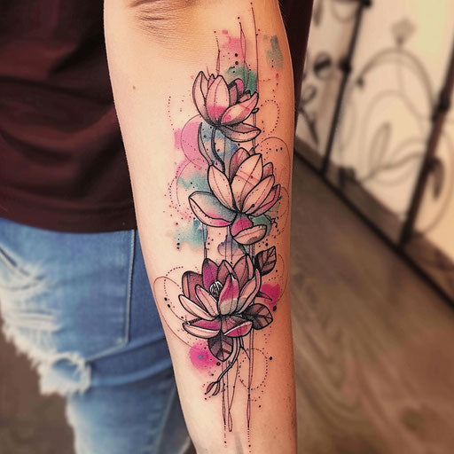 Elegant flat tattoo sketch for 13 tattoos with watercolor splashes in pastel tones