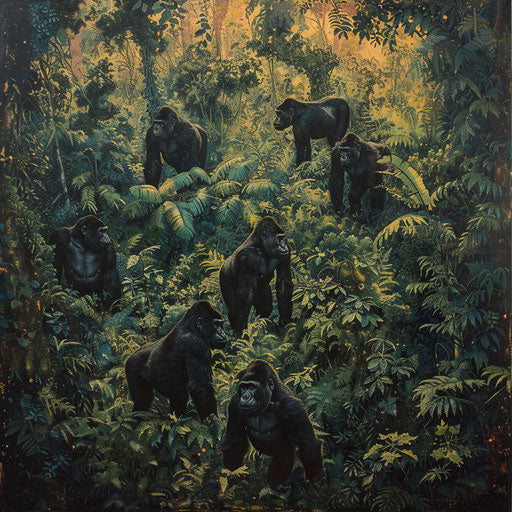 A troop of Western lowland gorillas on the move in the jungle