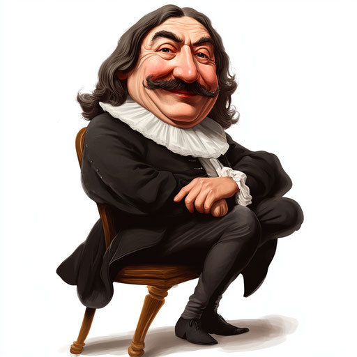 Humorous caricature of a René Descartes clipart illustration with human characteristics, exaggerated chubby cheeks, long legs, glowing vibrant colors, cartoon style, winking, high resolution, no background, isolated