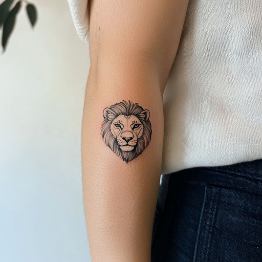 Small arm tattoos with a small lion head, in the style of David Palumbo
