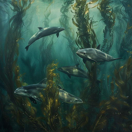 A group of vaquita porpoises swimming gracefully among a forest of underwater kelp