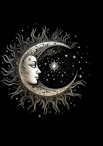 Moon and sun with star, elegant pattern, romantic illustration