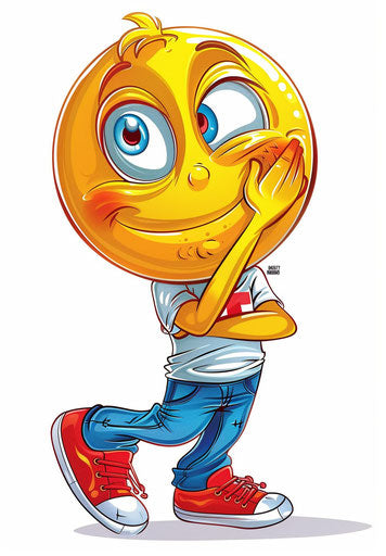 'T MISSING' character in red shoes thinking