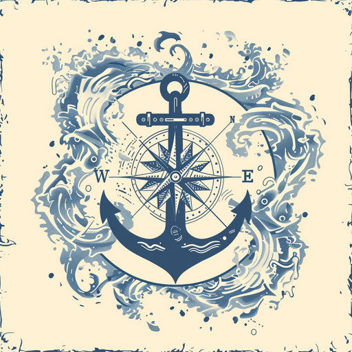 Nautical map logo with anchors, waves and compass