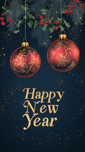 New Year's greeting card with three hanging ornaments