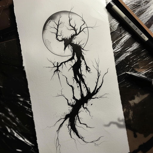 Minimalist Wendigo silhouette against the full moon