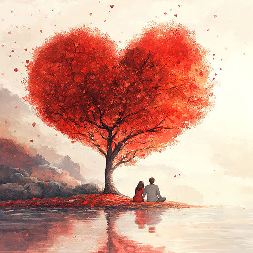 Heart-shaped tree with red leaves, smiling couple, watercolor style
