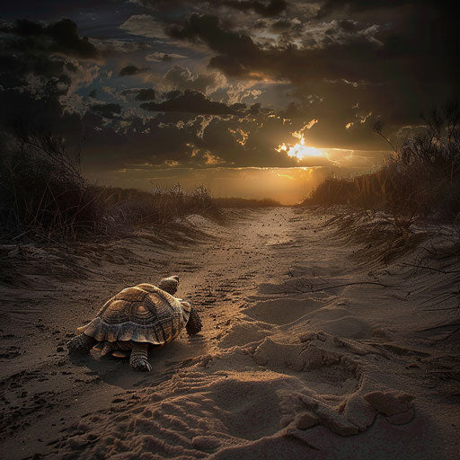 Tortoise crossing sandy path with dramatic lighting