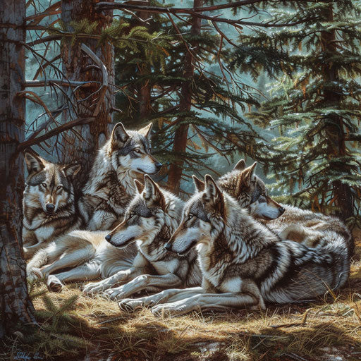 Group of wolves resting under pines on a hot day