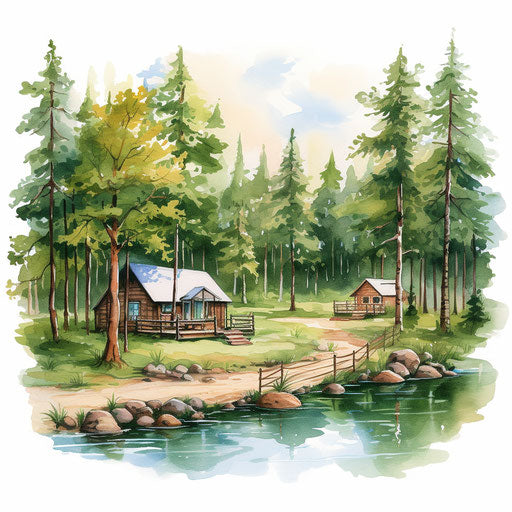 Summer camp artwork in Oil painting style, on white background