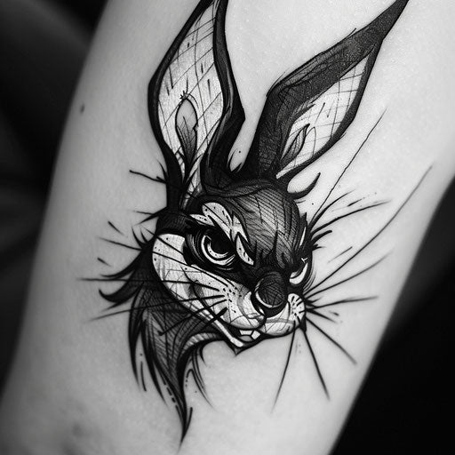 Bold flat tattoo sketch of a black rabbit with a fierce expression and sharp outlines
