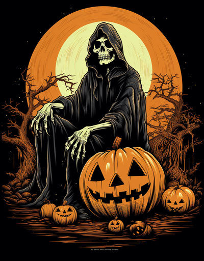 The grim reaper with a pumpkin, in iconic rock and roll imagery