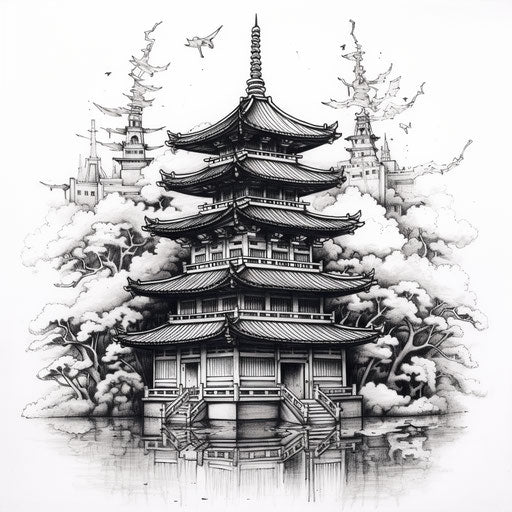 Tattoo design of an Oriental palace and pagoda, charcoal style, beautiful