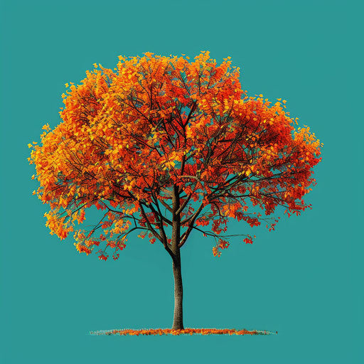 Realistic autumn tree with flat teal background