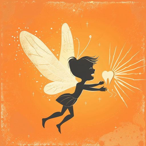 Realistic tooth fairy clipart on flat sunset orange background