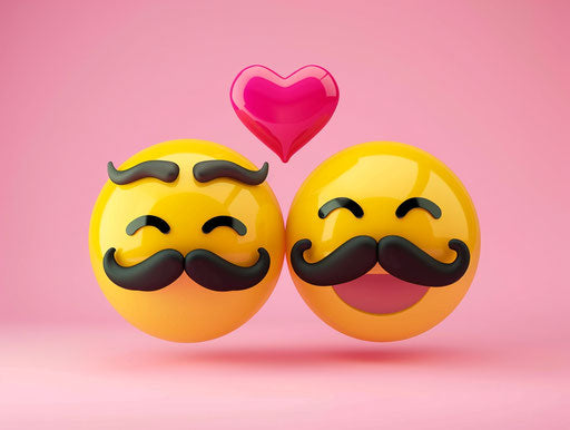 Cute smiley face with mustache and happy emoji in love on pink background