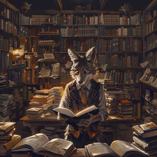 A coyote librarian in an ancient library