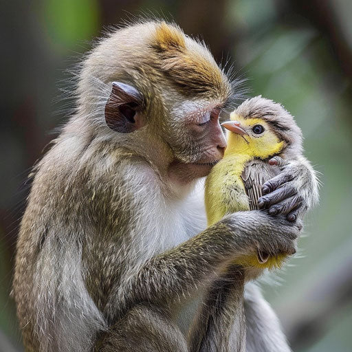 A touching moment: monkey gently nursing a baby bird