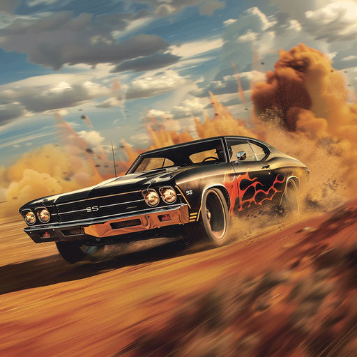 1969 Chevrolet Chevelle SS hotrod with flames in desert