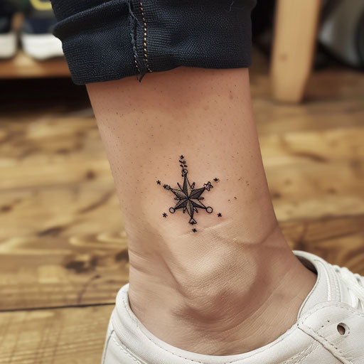 Ankle tattoos in Sailor Jerry style with tiny nautical star