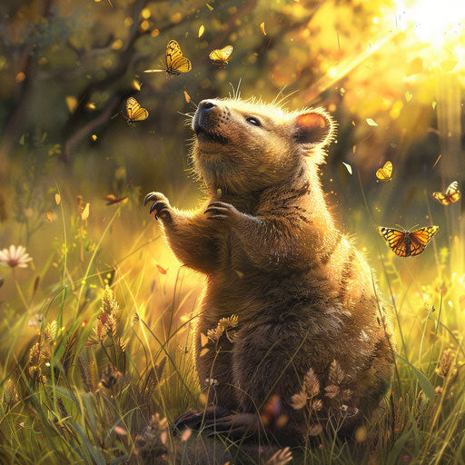 A playful quokka chasing butterflies in a sunlit meadow