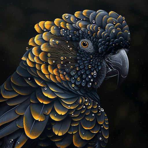 Black cockatoo with yellow tail and dewdrops
