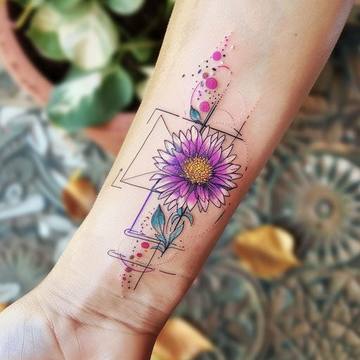 Geometric aster flower tattoo sketch with triangles and circles in pastel colors