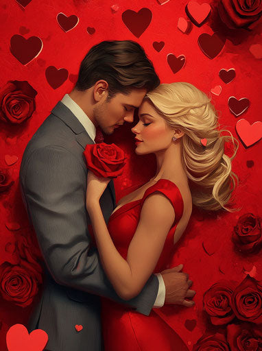Valentine's Day, a loving couple surrounded by hearts and roses