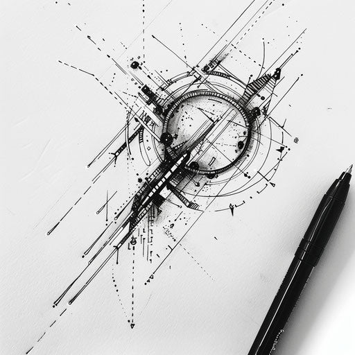 Dynamic geometric tattoo sketch with flowing circular arrows