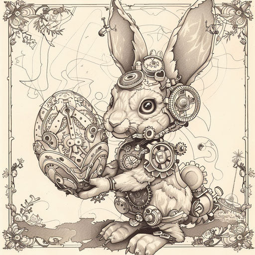 The steampunk Easter bunny with gears and cogs, holding an elaborate egg. Coloring book page