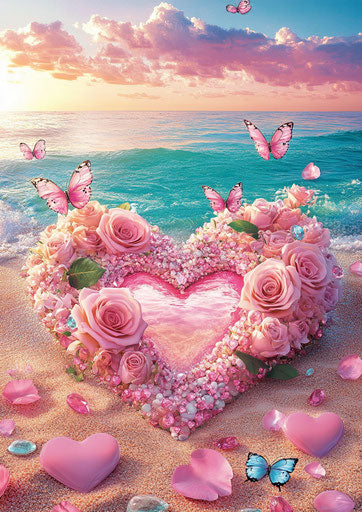 3D Diamond Painting of Heart-Shaped Beach with Pink Roses and Butterfly in Photorealistic Style