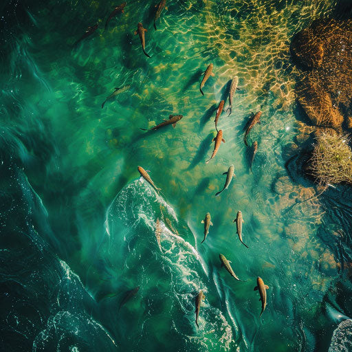 Aerial view of a river with fish darting