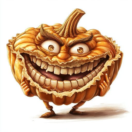 Humorous caricature of a pumpkin pie with human characteristics