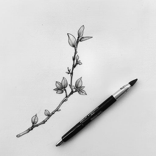 Nature-inspired flat tattoo sketch of a micro realism small branch with budding leaves