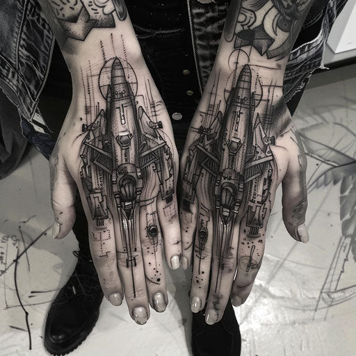 Small spaceship hand tattoos