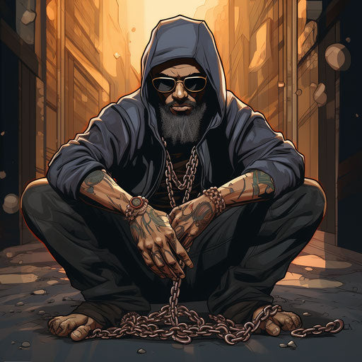 Man with cigar and chain, animated GIF style, dark gray and bronze, graffiti culture, zen buddhism influence