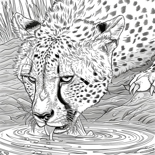 Cheetah drinking water from a river - coloring book page