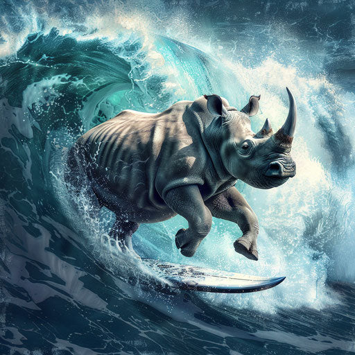 A rhino surfing on a giant wave