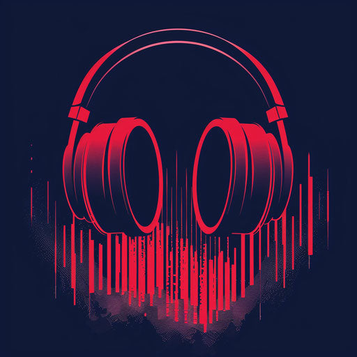 Audio logo in navy and red with a dynamic background