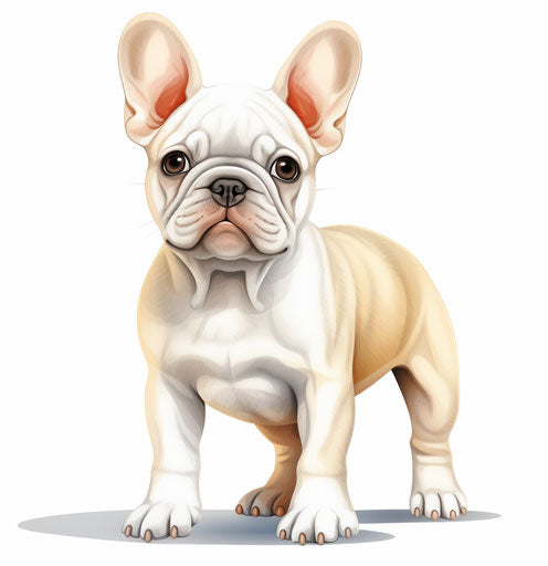 White French Bulldog on White Background, Light Gray and Amber Style