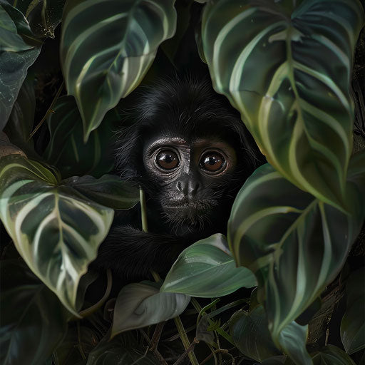Spider monkey peeking from lush foliage